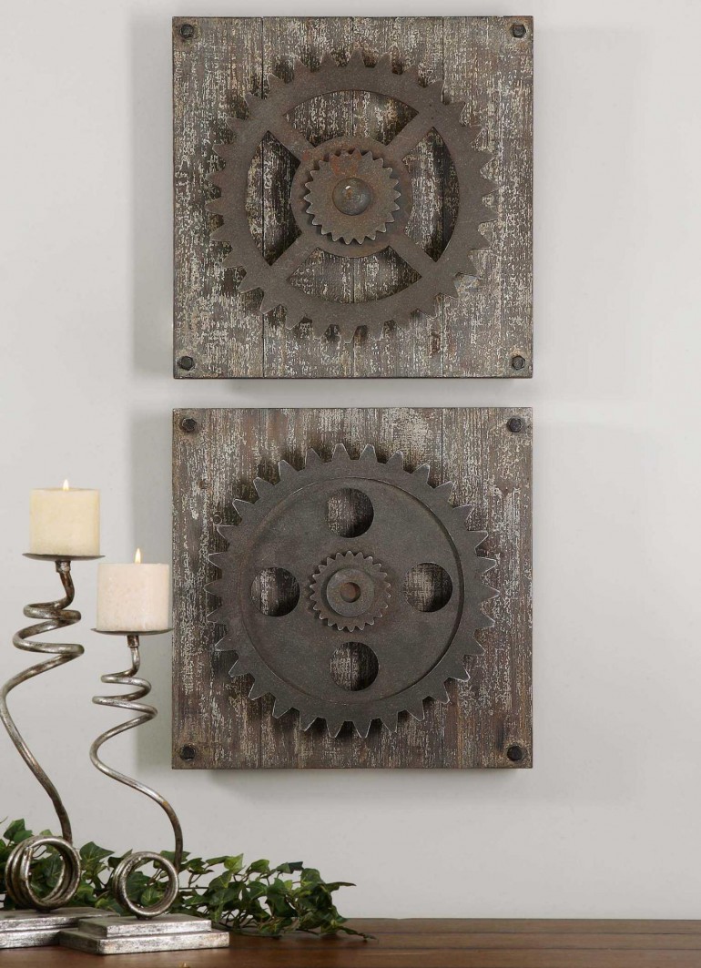  Rustic Gears Wood Wall Squares
