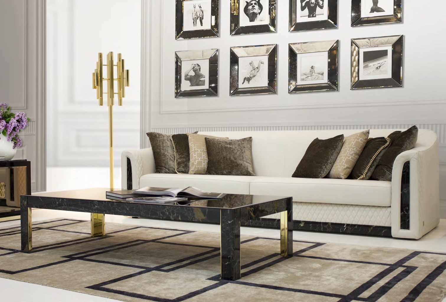 Диван - fmi/784. Белый кожаный диван с черными мраморными вставками отфабрики Formitalia