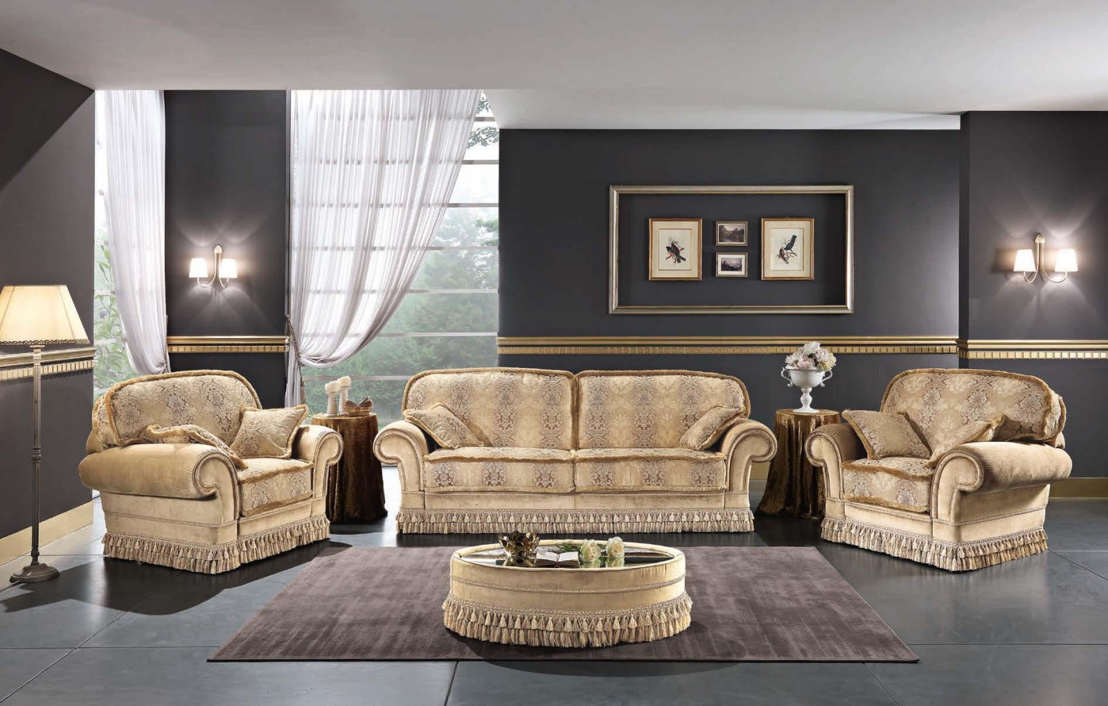 Мягкая мебель - esp/013. Бежевый диван и 2 кресла с подлокотниками-валикамии бахромой от фабрики Essepi