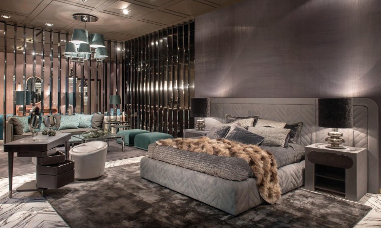 Современная спальня в серых и коричневых тонах