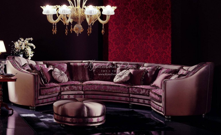 Полукруглый модульный диван в комбинированной обивке фиолетового