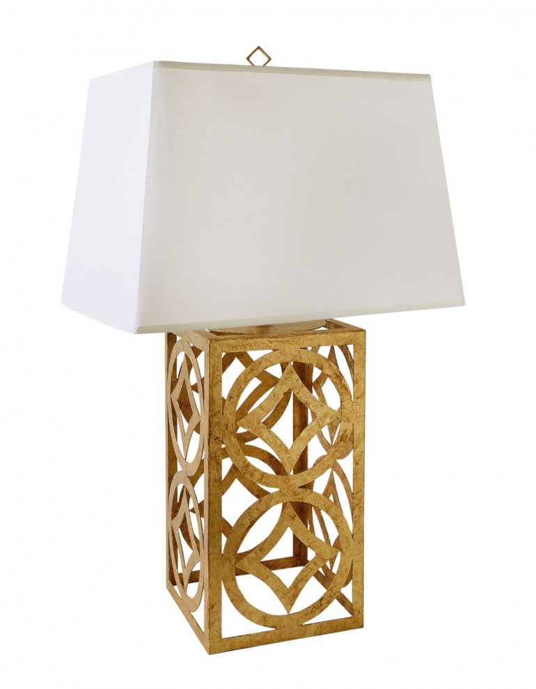 Лампа с прямоугольным белым абажуром на золотистой ножке с восто