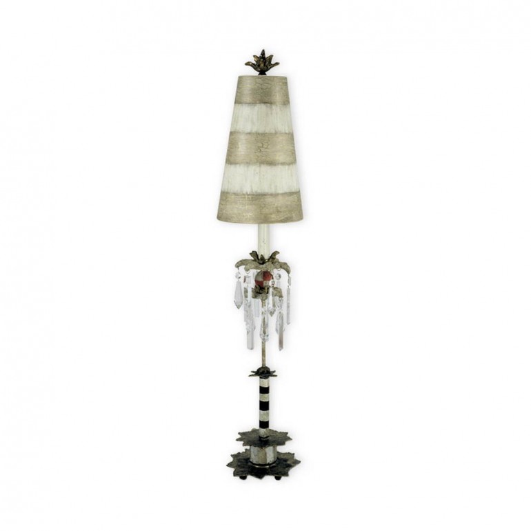 Лампа с полосатым серым абажуром и декорированной ножкой с подве