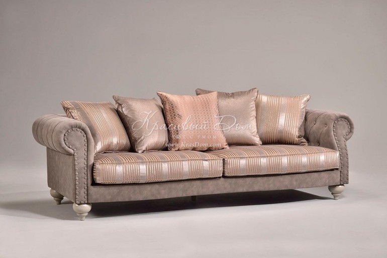 Коричневый кожаный диван с каретной стяжкой и полосатыми шелковы