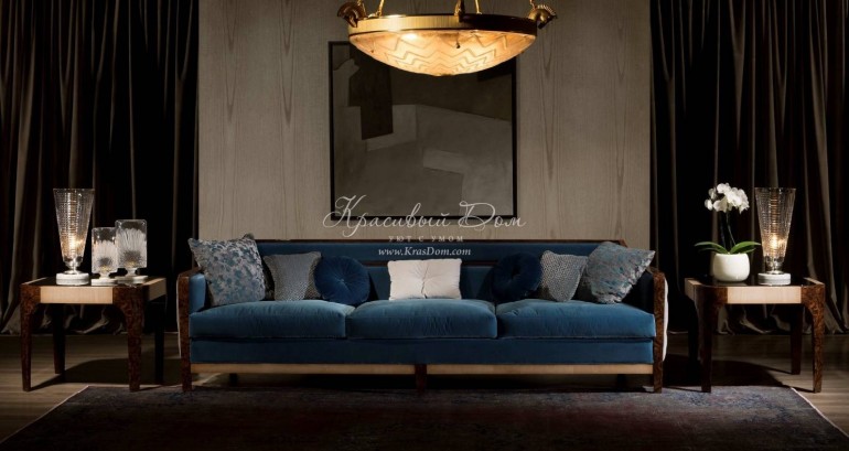 Синий бархатный диван на каркасе из массива