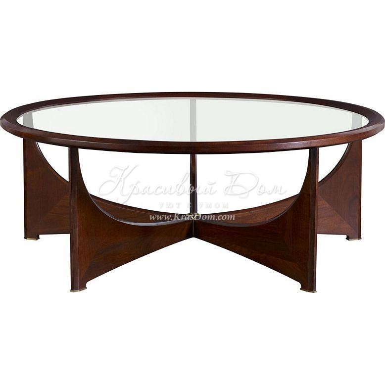 Кофейный стол на деревянном каркасе с круглой стеклянной столешн