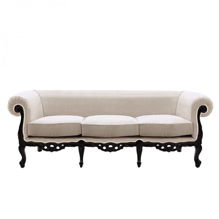 Белый диван с подлокотниками-валиками на черном ажурном каркасе