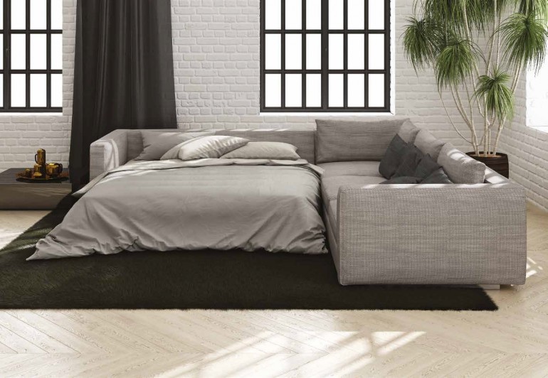 Угловой диван-кровать в обивке из светло-серого структурированно