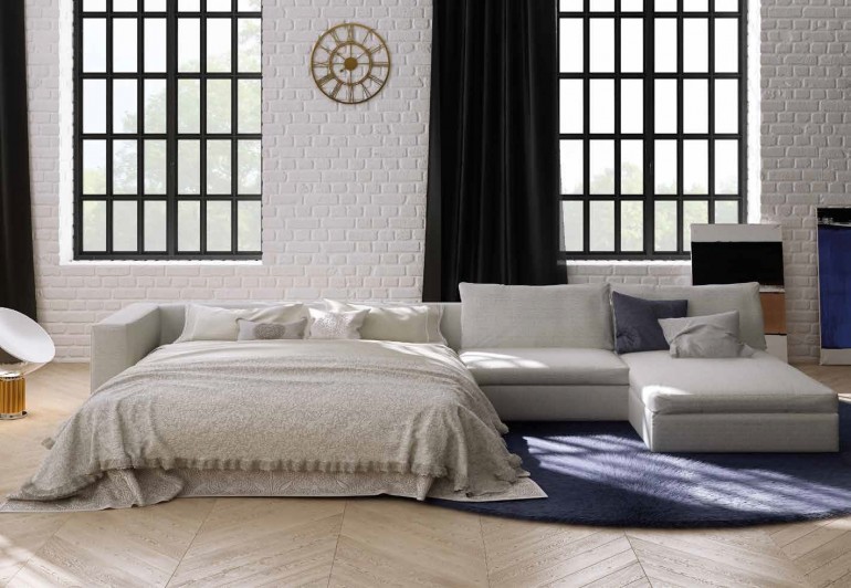 Большой модульный диван-кровать в белой текстильной обивке