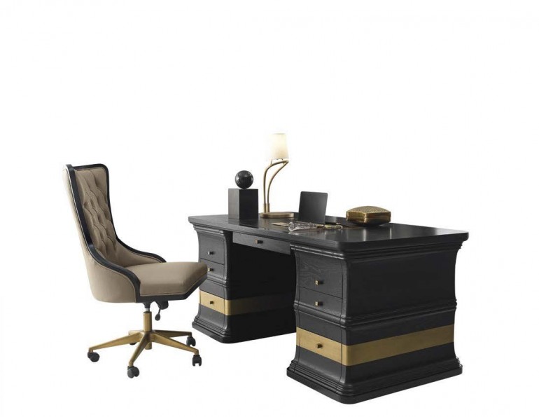 Двухтумбовый черный письменный стол с латунной отделкой
