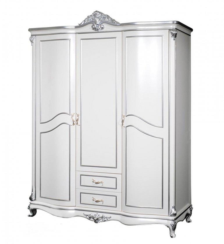 Трехдверный белый шкаф с 2 ящиками и резной серебристой короной