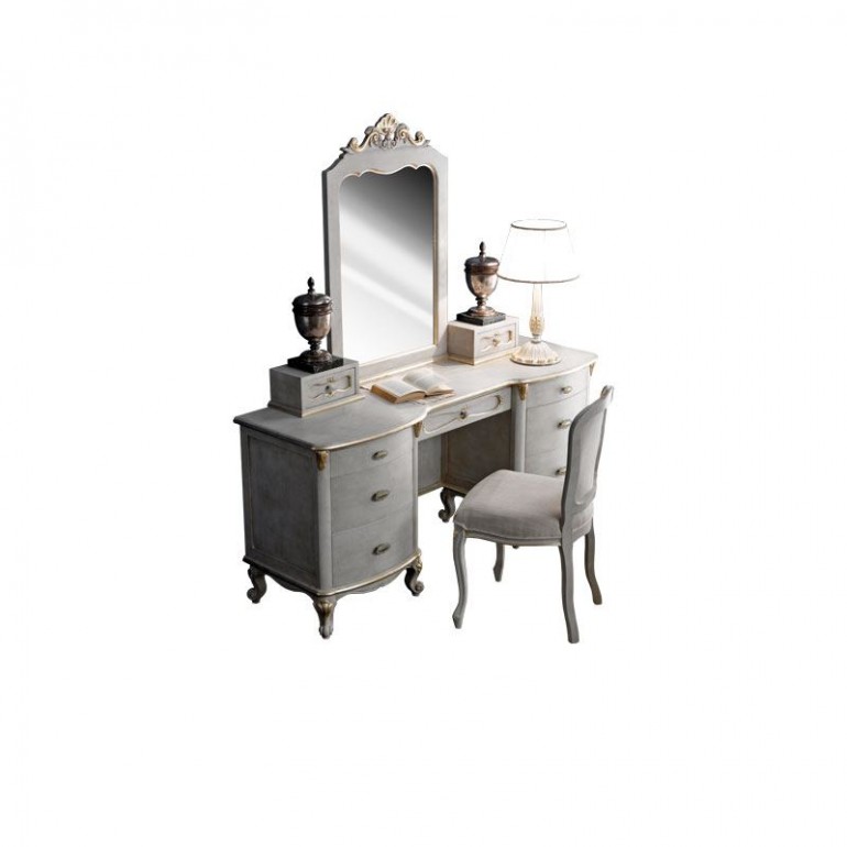 Светло-серый двухтумбовый стол с зеркалом и резным декором