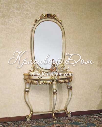 Овальное зеркало с резьбой, лакированное, цвет слоновая кость