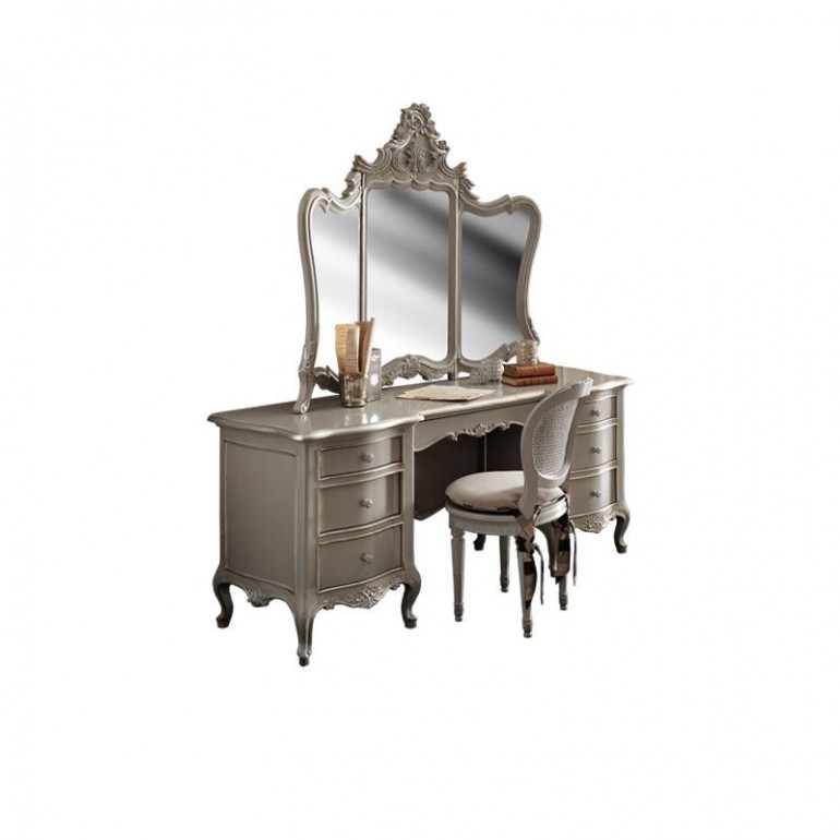 Серый двухтумбовый стол с настольным трехстворчатым зеркалом