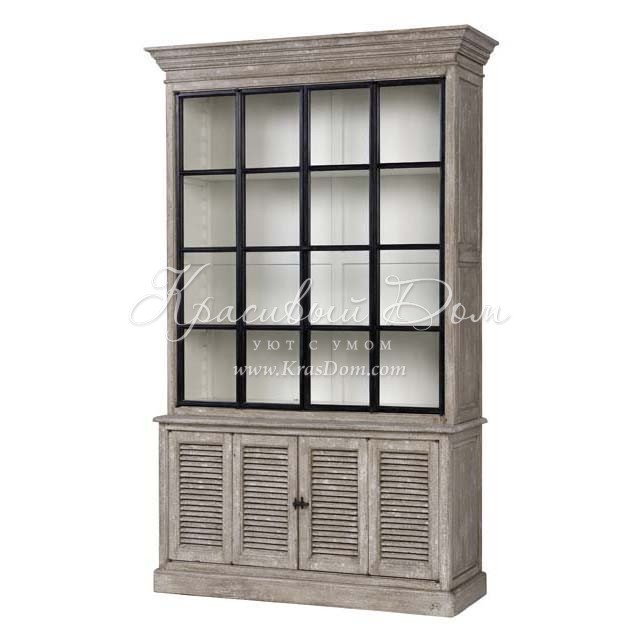 Серый состаренный шкаф-витрина с черными планками дверей