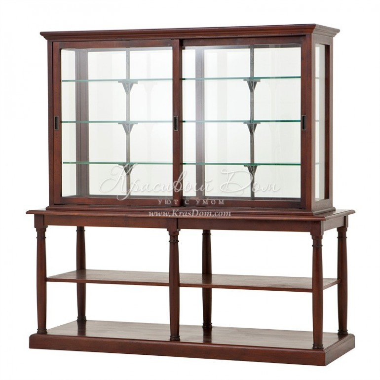 Коричневый прямоугольный шкаф-витрина с прозрачным стеклом и отк