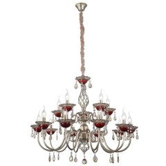 Серебристая люстра на 15 свечей с розетками из рубинового стекла - stlu/404