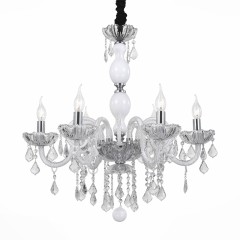 Люстра на 6 свечей с хрустальным декором и деталями из матового белого стекла - stlu/446