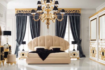 Контрастная черно-белая спальня с бежевой кроватью - mbst/202