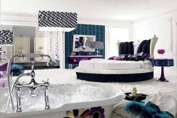 Стильная спальня с круглой белой кроватью и цветной мебелью - alm/444