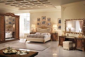 Бежевая двуспальная кровать с фигурным мягким изголовьем, украшенным каретной стяжкой - acl/109