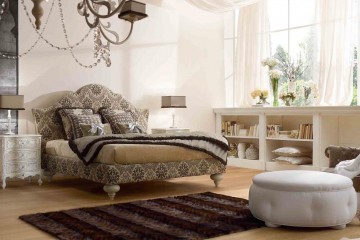 Кровать с фигурным мягким изголовьем в коричневой узорчатой обивке - vto/140