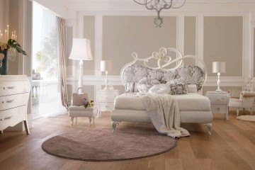 Белая кровать с ажурным изголовьем, оформленным серой мягкой вставкой с узорами - vto/121