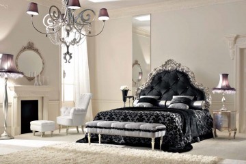 Оригинальная спальня с черной кроватью и белым креслом - vto/020
