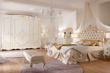 Кровать с бежевым стеганым изголовьем под круглым балдахином из органзы - vto/113