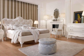 Белая кровать с фигурным мягким изголовьем, декорированным стежкой - капитоне - vto/123