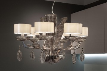 Люстра из коричневого рифленого стекла с 6 круглыми бежевыми абажурами - msr/420