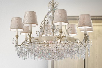 Люстра с 8 абажурами цвета слоновой кости и подвесками из стекла - msr/295