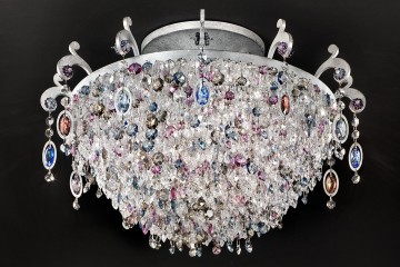 Круглая серебристая люстра с плафоном из разноцветных стеклянных подвесок - msr/476