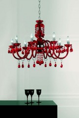 Люстра на 8 свечей в обрамлении из красного стекла - msr/285