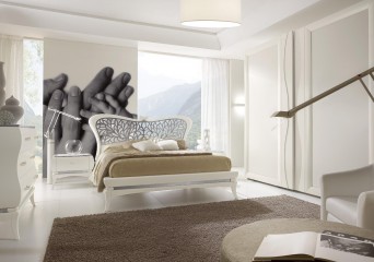 Белая двуспальная кровать с ажурным резным изголовьем - gri/031