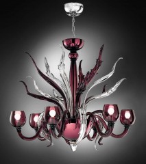 Розовая стеклянная люстра с чашеобразными плафонами и разветвленными элементами - gab/086
