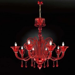 Красная стеклянная люстра с рифлеными завитками и каплевидными подвесками - gab/078
