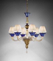 Стеклянная рожковая люстра с фиолетовыми плафонами и  каплевидными подвесками - gab/201