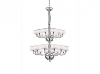 Двухъярусная люстра с 24 круглыми белыми абажурами на фигурном серебристом каркасе из стекла - gls/256