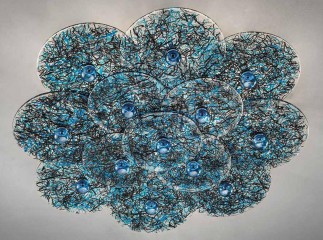 Эффектная круглая люстра из муранского стекла с черными и голубыми узорами - gls/598