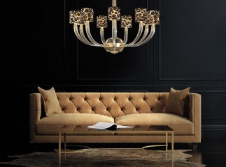 Дизайнерская подвесная люстра на золотистом каркасе с круглыми абажурами леопардовой расцветки - gls/260