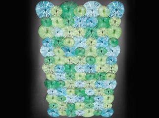 Прямоугольная люстра под потолок из бежевых, голубых и светло-зеленых стеклянных дисков - gls/575