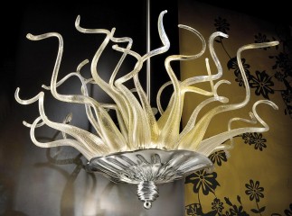 Подвесная люстра со спиралями из декорированного золотистого стекла в зеркальной чаше - gls/546