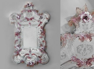 Винтажное настенное зеркало в фигурной раме с розовыми и янтарными цветами из стекла - gls/486