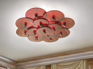 Дизайнерская люстра из красных стеклянных дисков с золотистыми узорами - gls/591