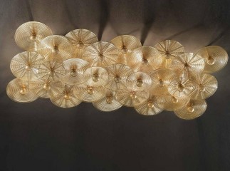 Прямоугольная люстра под потолок из стеклянных дисков янтарного оттенка - gls/585