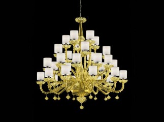 Большая люстра из желтого муранского стекла с 30 круглыми белыми абажурами - gls/273