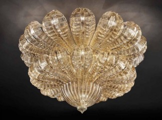 Двухъярусная люстра из стекла цвета шампанского с широкими рифлеными лепестками - gls/370