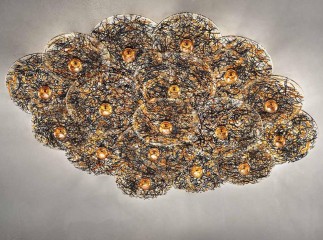 Стеклянная овальная люстра янтарного оттенка из дисков с черным рисунком - gls/597