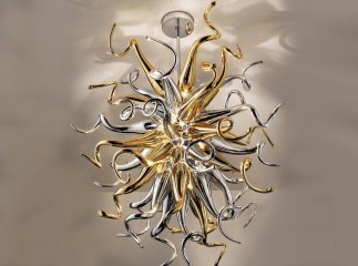 Подвесная люстра из спиральных элементов золотистого и серебристого зеркального стекла - gls/533